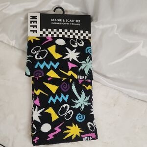 Neff Black and Multicolor Patterned Beanie & Scarf Set
